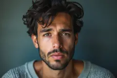 Intense gaze of a young man with tousled hair