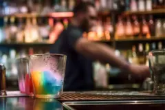 Bartender pours fresh multi coloured cocktail for happy hour at nightclub